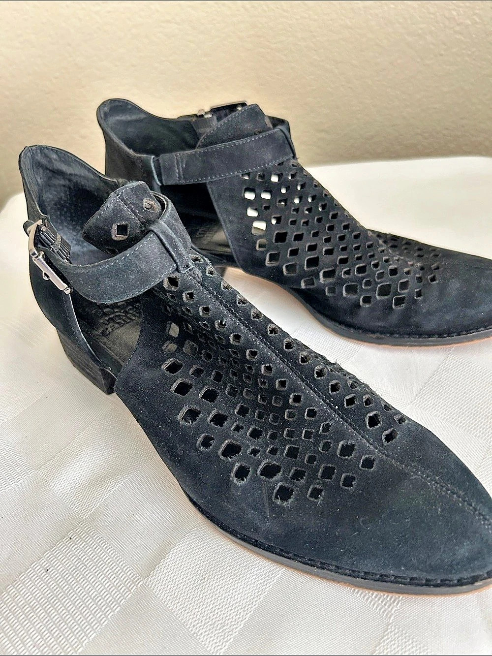 Vince Camuto Fernley Perforated Suede Bootie Black Heels